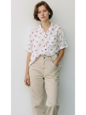 LOVE NOTES White Flamingo Print Short Sleeved Button Front Shirt Girls L Size 10